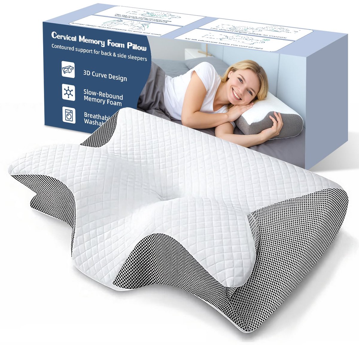 SnelShoppen - Ergonomisch Nekkussen Traagschuim 60x35x7,5/11,5 cm, Orthopedisch Hoofdkussen met 2 Hoogtes, Wasbare Hoes voor Zijslapers, Rugslapers, B