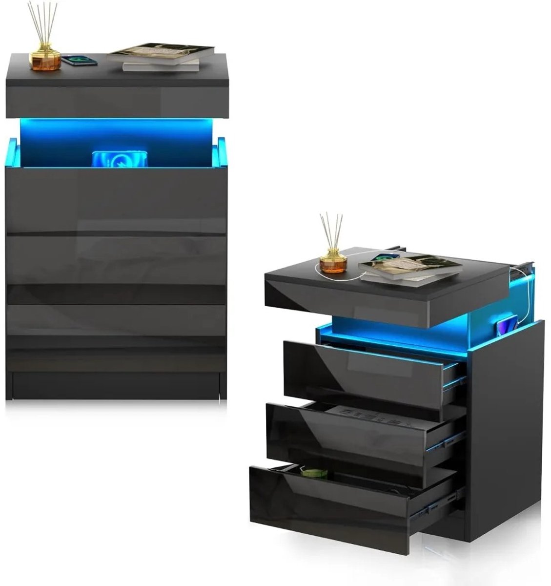 ITRONIQ Nachtkastje Met LED Verlichting - Gaming Nachtkast Met 3 Lades en Draadloos Opladen - RGB Nachtkast - Hoogglans - Zwart