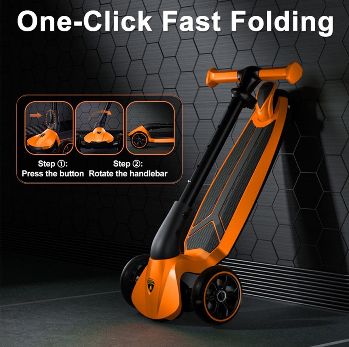 SnelShoppen - Lamborghini Kinderstep Driewieler voor Kinderen 3-8 Jaar, LED-wielen, Pedaal, Hoogte Verstelbaar, Opvouwbare Step Tot 50 kg, Peuters en