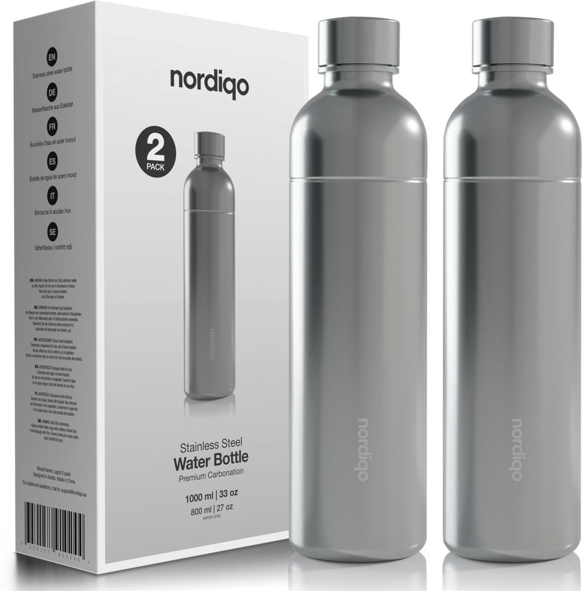 SnelShoppen - Premium RVS Fles 1L | 1000 ml, Compatibel met Carbonators, Vaatwasserbestendig, 2-Pack voor Thuis, Camping, Feest en Keuken