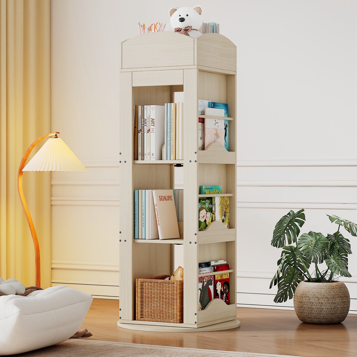 FloraGrace Boekenkast Draaibaar 142 X 63 X 63 Cm MDF Naturel Open Opbergkast Voor Kinderen En Volwassenen Met 4 Niveaus