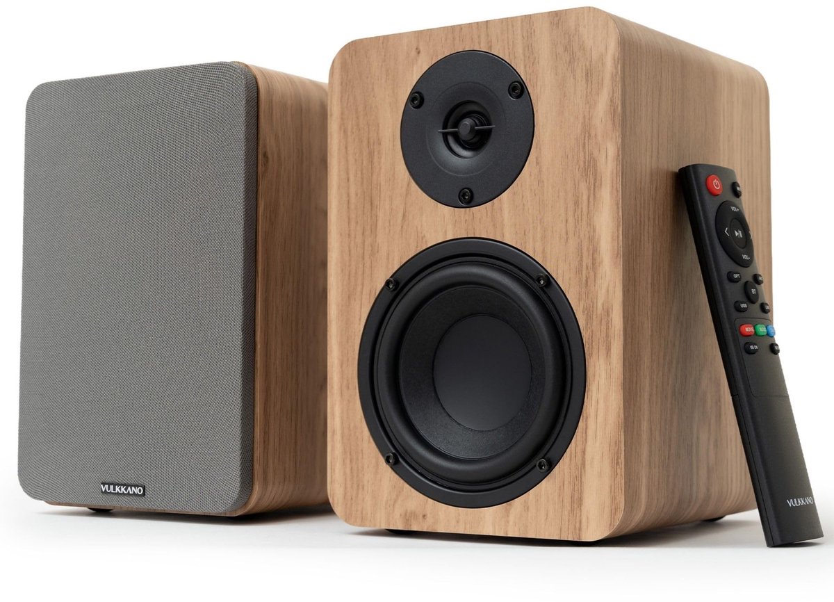 SnelShoppen - Actieve luidsprekers A4 ARC MKII met 4 inch woofer, Bluetooth 5.0, HDMI ARC, optisch, RCA, USB, subwoofer-uitgang, bruine studiomonitors