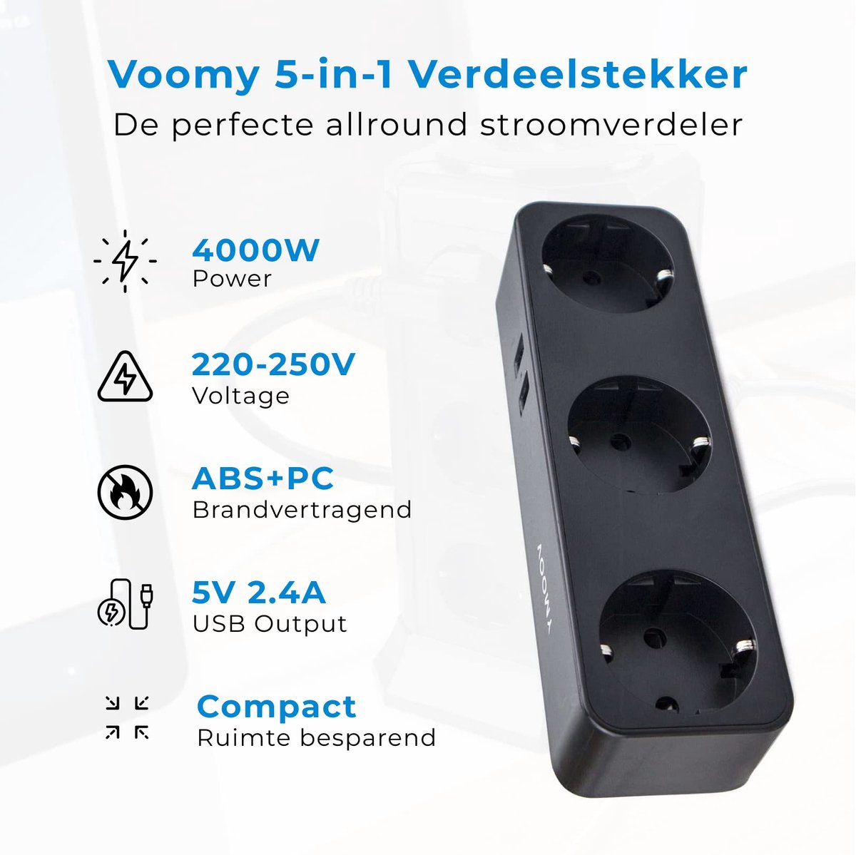 Verdeelstekker - Stopcontactverdeler - Apparaten Opladen - 3 Contacten 2 USB - 4000W - Zwart