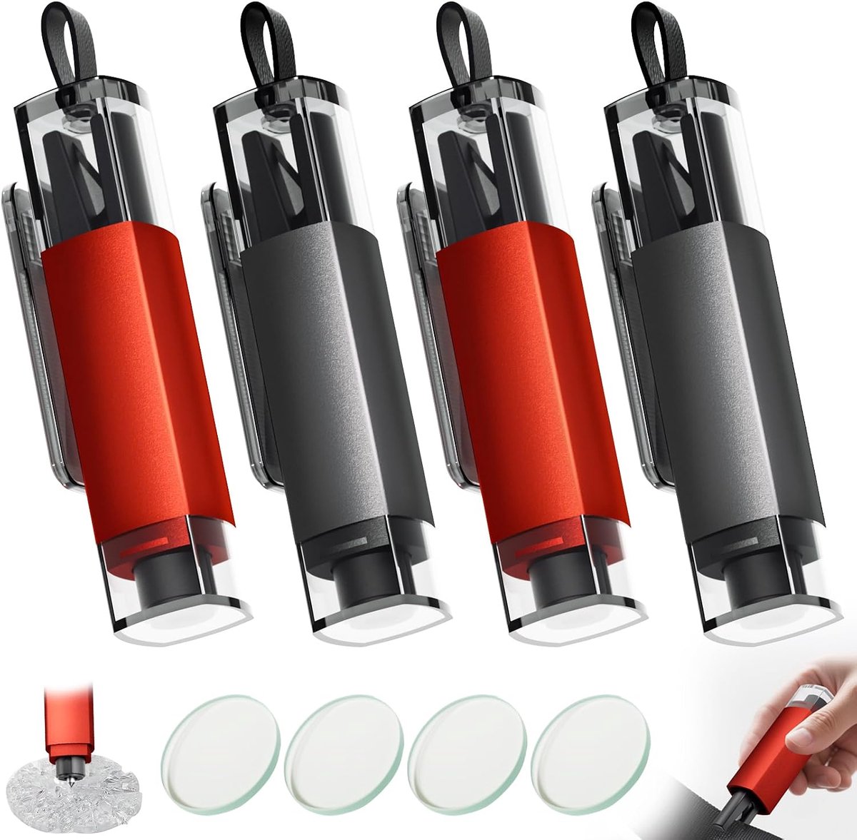 4 stuks Ruitenbreker - Auto Veiligheidshamer - Autoglasbreker - Gordelsnijder - 2-in-1 autoveiligheidshamer - Noodglasbreker Gereedschap - Draagbare auto-reddingstool - Geschikt als noodhulpmiddel bij auto-uitstappen - Met testglas - Rood, Zwart