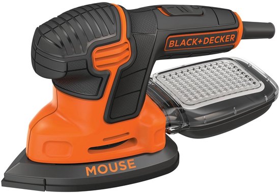 Zwarte en oranje BLACK+DECKER Mouse schuurmachine met stofopvangbak.