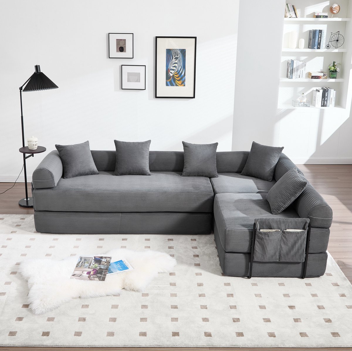 COVREO Hoekbank 270x180x64 cm – donkergrijs corduroy, modulair, met opbergtas