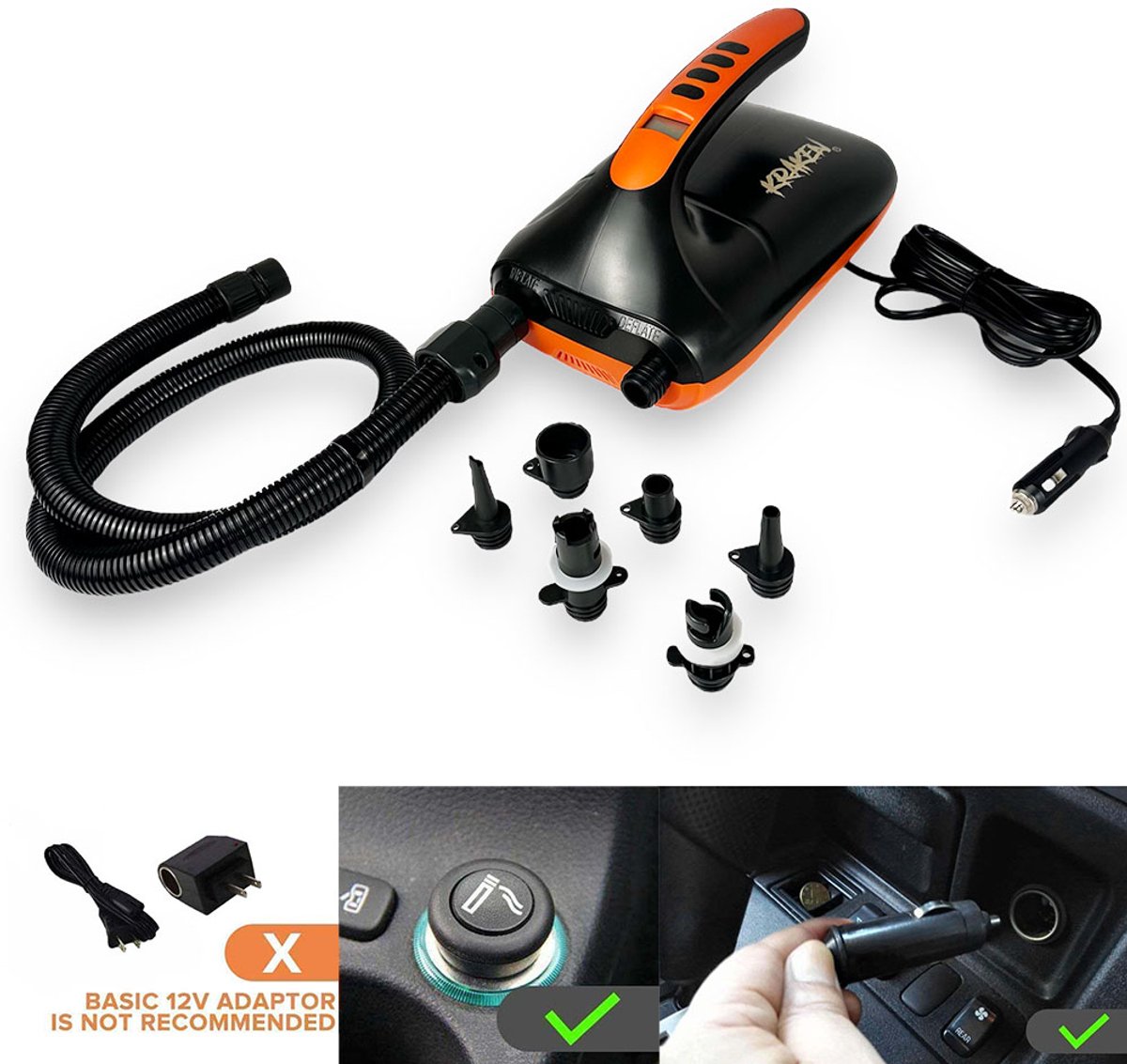 KRAKEN Elektrische SUP Pomp 12V - 20 PSI Luchtpomp voor SUP Board - Oppompen en Leegpompen - Auto Sigarettenaansteker of Powerbank - Inclusief Slang en Opzetstukken - Kajak en Luchtbed Compatibel - Compact en Lichtgewicht - Plastic