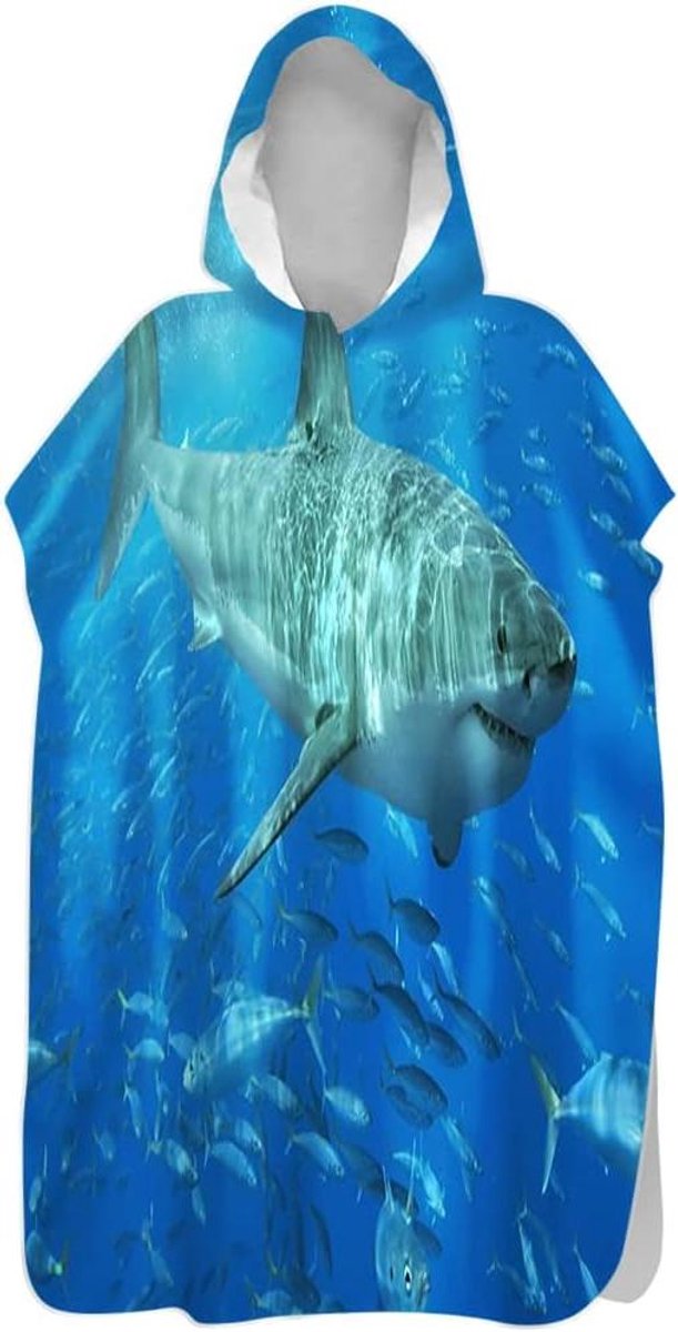 Badhanddoek met capuchon - Poncho handdoek Strandjas - Omkleden op locatie - Sneldrogend microvezel - 80x145 cm - Haai