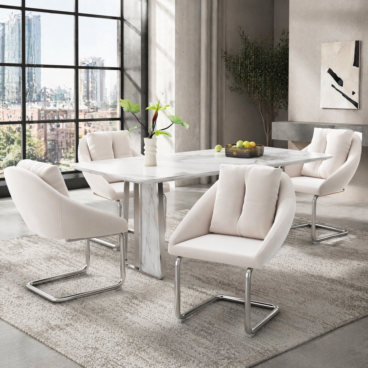 COVREO Eetkamerstoel 82 x 59 cm - velvet, beige, met armleuningen, set van 4