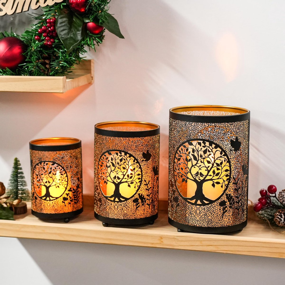 SnelShoppen - Set van 3 Levensboom Kaarsenlantaarns 52 cm, 41 cm & 30 cm - Bronzen Metalen Kaarsenhouders - Decoratieve Lantaarn voor Woonkamer, Tafel