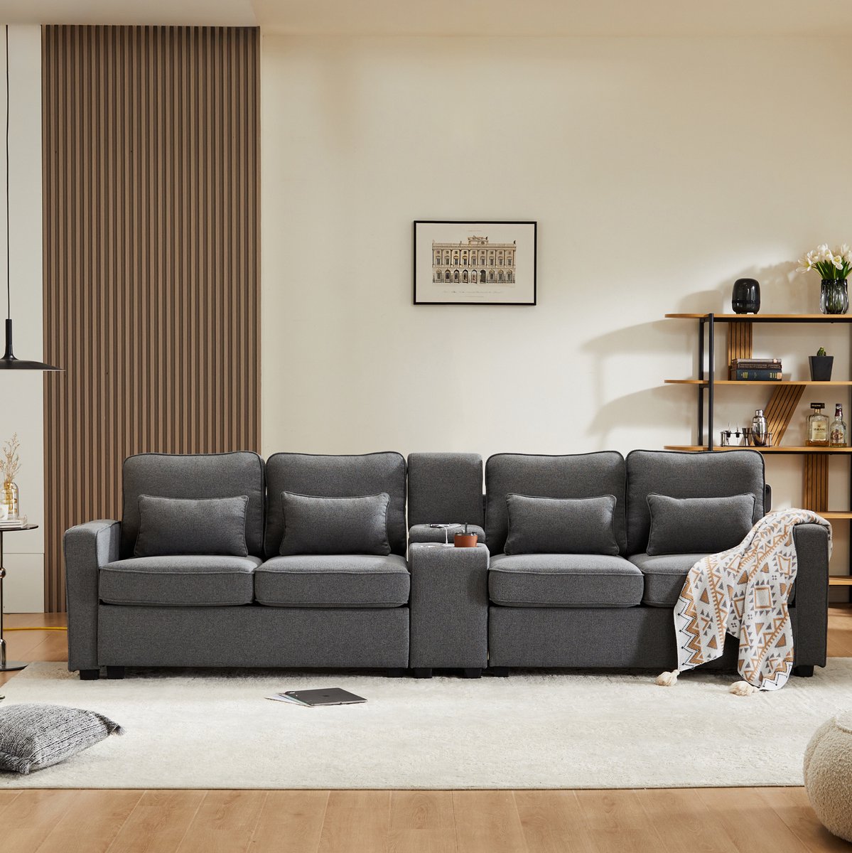 COVREO 4-zits zitbank 290 x 83 x 88 cm - donkergrijs linnen, met USB, bekerhouders en opbergruimte