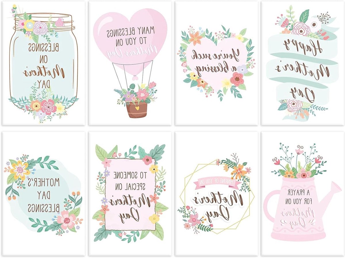 Moederdag Zegenkaarten - Wenskaarten Set - Liefde Uiten - 8 Verschillende Ontwerpen - 24 Stuks - Multicolor
