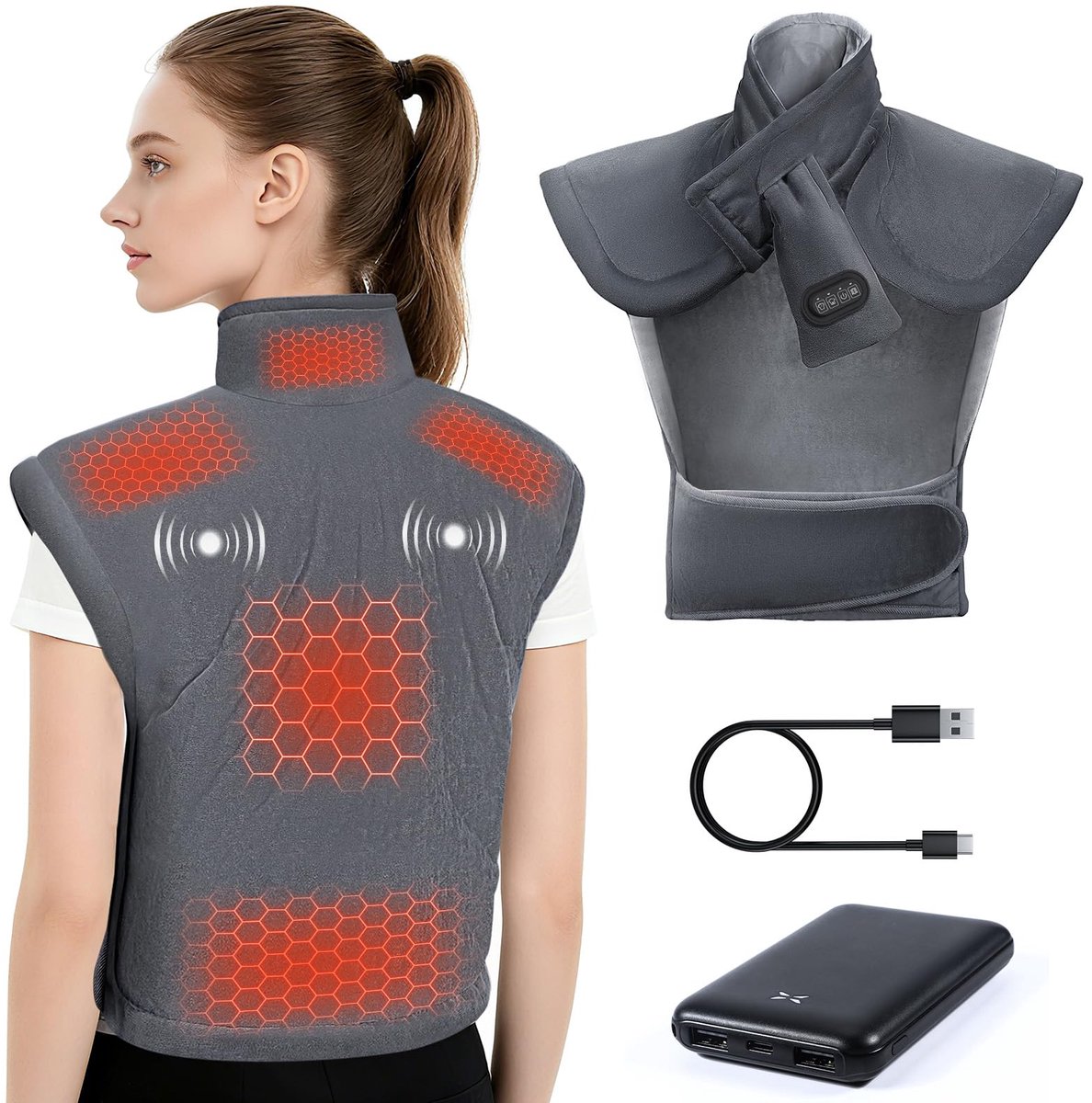 SnelShoppen - Draadloos Verwarmingskussen voor Nek en Rug met 10.000 mAh Grafeen-Accu, Elektrisch Warmtekussen met Massagefunctie, 3 Warmtestanden, Au