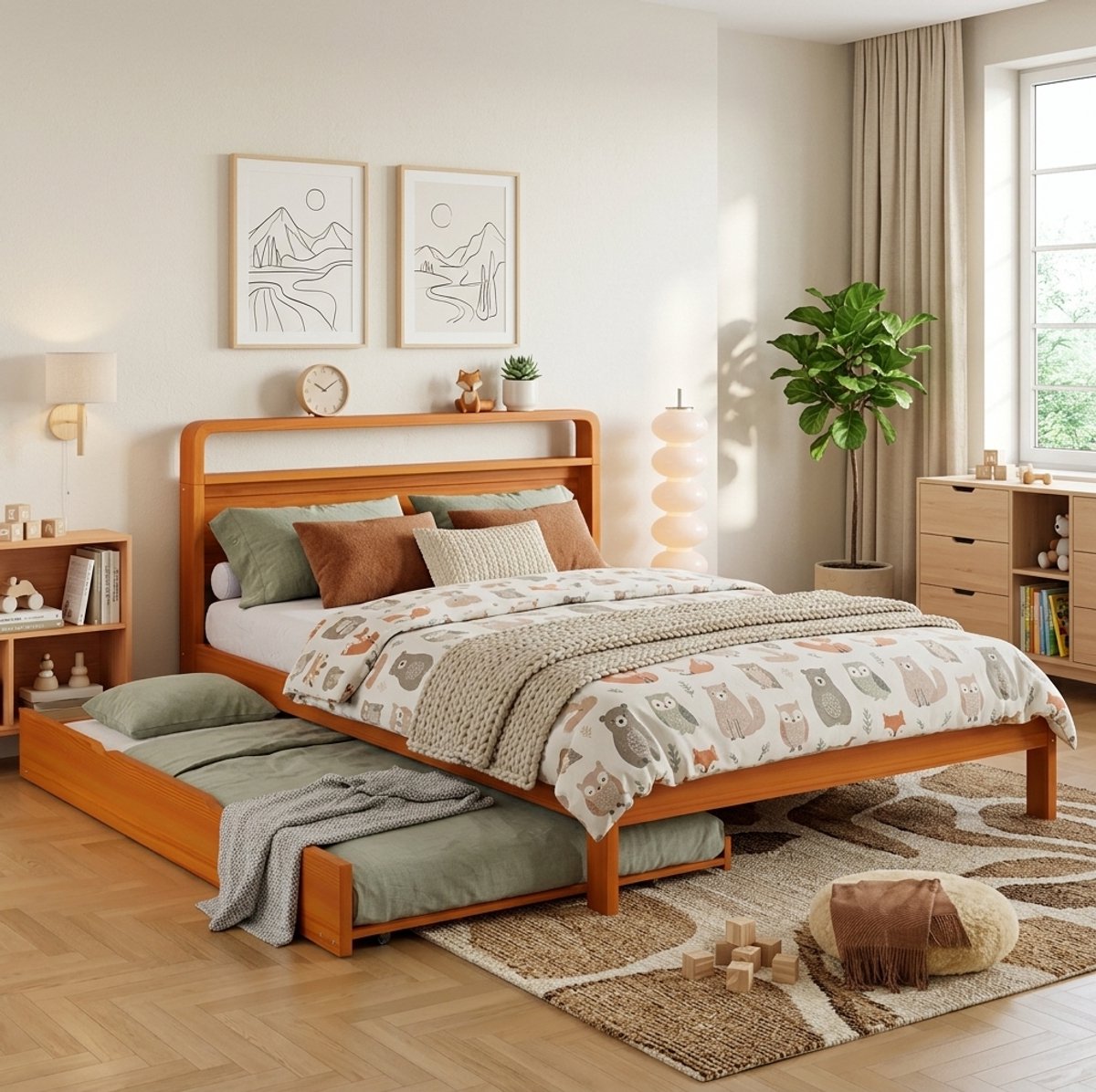 STILVORA Houten Bed 140x200cm Met Matras – Bed Met Uitrolbaar Logeerbed 90x190cm – Afgerond Hoofdeinde – Ruimtebesparend 2 In 1 Voor Slaapkamer En Logeerkamer – Natuurlijk Hout – Natuurlijk