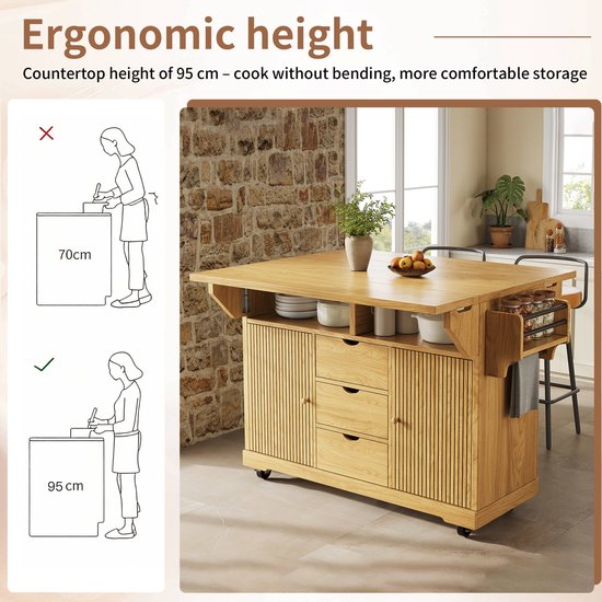 OKWISH Keukeneiland - Met Uitklapbare Zijtafels En 3 Lades - Verrijdbaar Voor Keuken En Terras - MDF Bruin - 142,5 x 80 x 95 cm van okwish — afbeelding 3