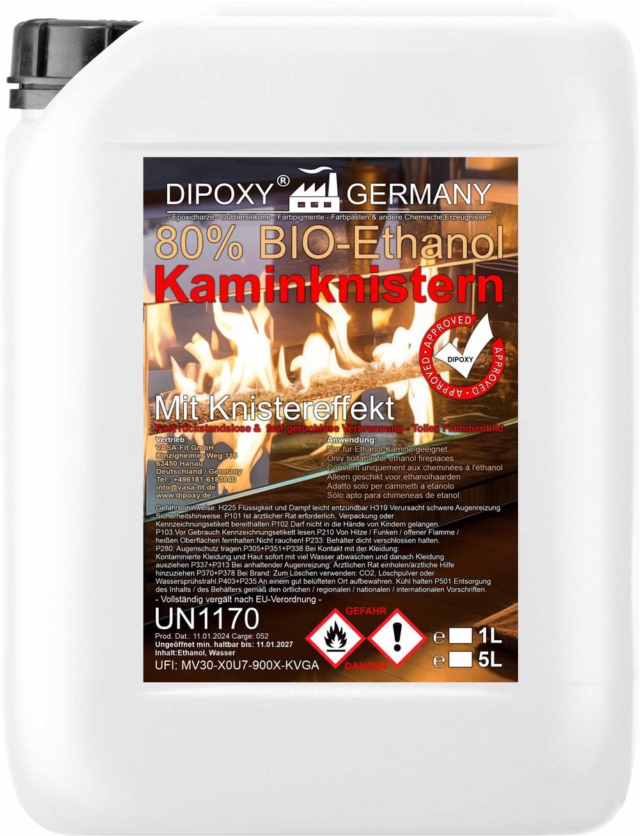 SnelShoppen - Bio-ethanol 80% premium 5L - Decoratief vuur met kaminknetter-effect voor binnen en buiten, rook- en roetvrij, ideaal voor open haard, t