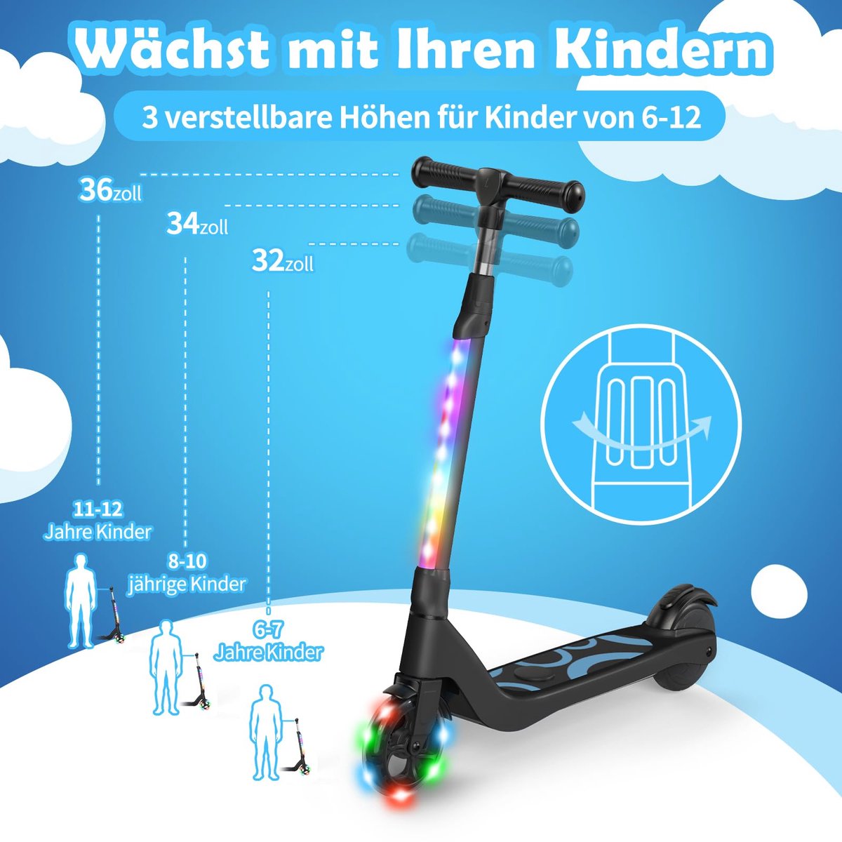 SnelShoppen - SISIGAD E-step voor Kinderen 6-12 Jaar - Elektrische Step met Knipperende LED-lampen, 3 Hoogtes, Max. 10 km/u, 45W Motor, Tot 70 kg