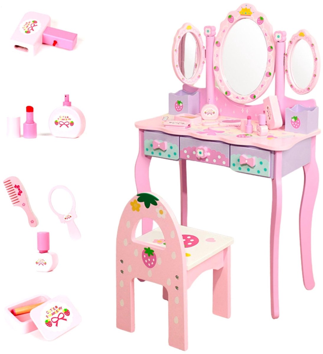 SnelShoppen - Meisjes Make-up Kaptafel met Krukje, Lades, Opvouwbare Spiegel en Accessoires - Houten Kinderkaptafel voor Meisjes Vanaf 3 Jaar - Verjaa