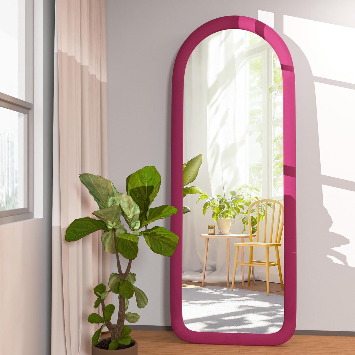 SnelShoppen - Boogvormige Vloerspiegel in Volledige Lengte 142,2 x 50,8 cm, Roze Houten Frame met Flanel, Ideaal voor Slaapkamer, Woonkamer en Kleedka