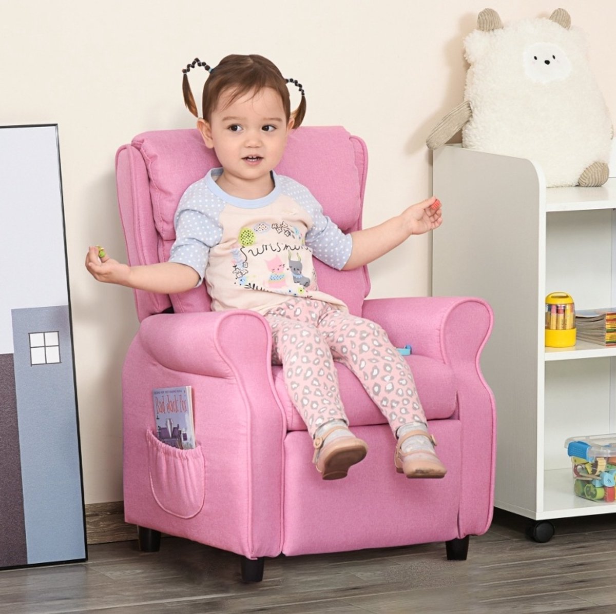 REDOM - Kindersofa voor kinderen - Verstelbare rugleuning en voetsteun - Met armleuningen - Hout en kunststof - Roze - 58 x 53 x 70 cm