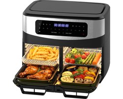Airfryer - 12L grote inhoud - 2600W - met dubbele bakruimte en kijkvenster- Dual Zone Heteluchtfriteuse met uitneembare scheidingswand - 10-in-1 - Eenvoudig schoon te maken - Vetarm koken zonder olie - Recepten
