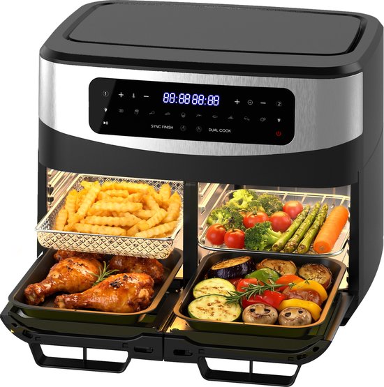 Airfryer - 12L grote inhoud - 2600W - met dubbele bakruimte en...