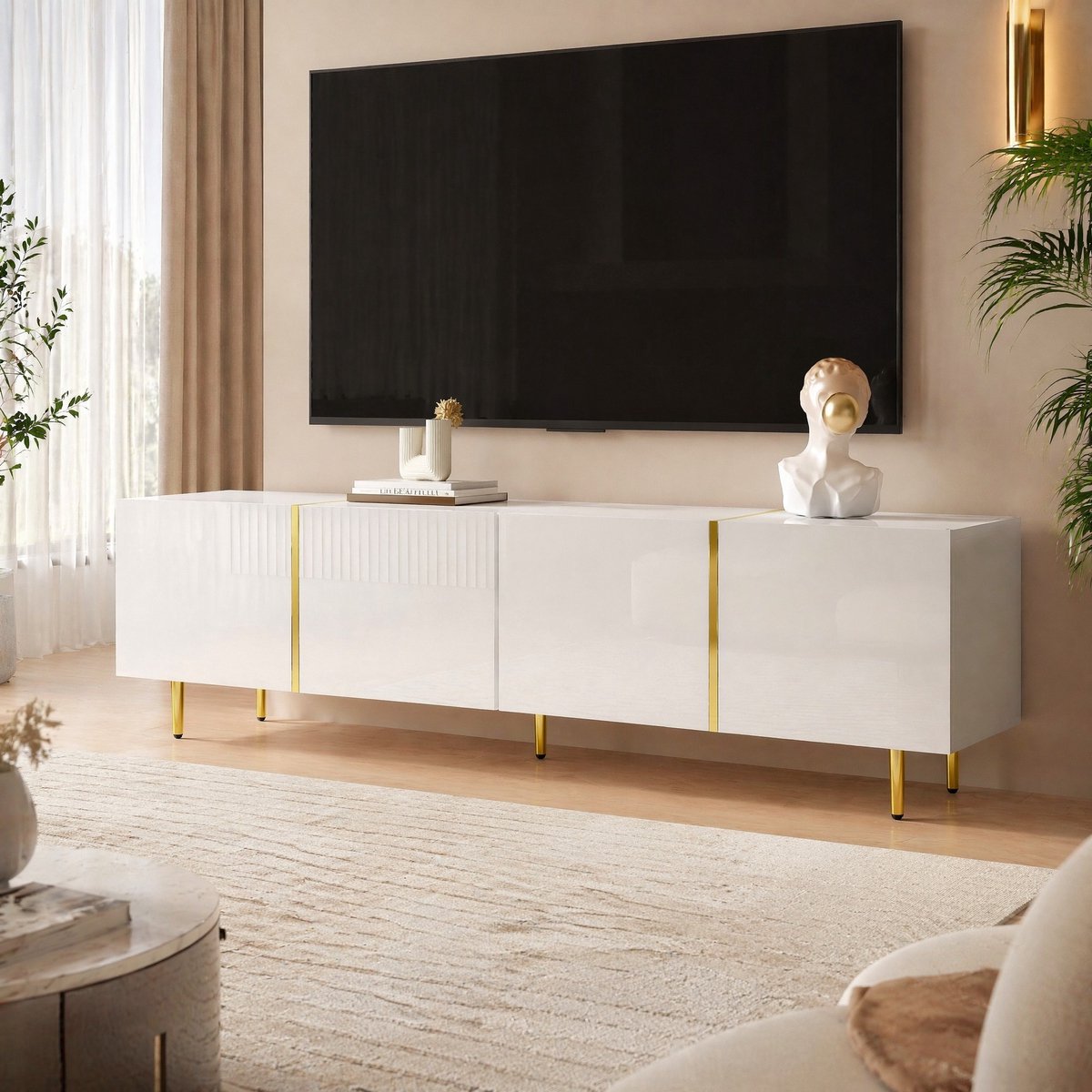 COVREO TV meubel 170 x 35 x 46 cm - wit hoogglans MDF, gouden accenten, 4 deuren