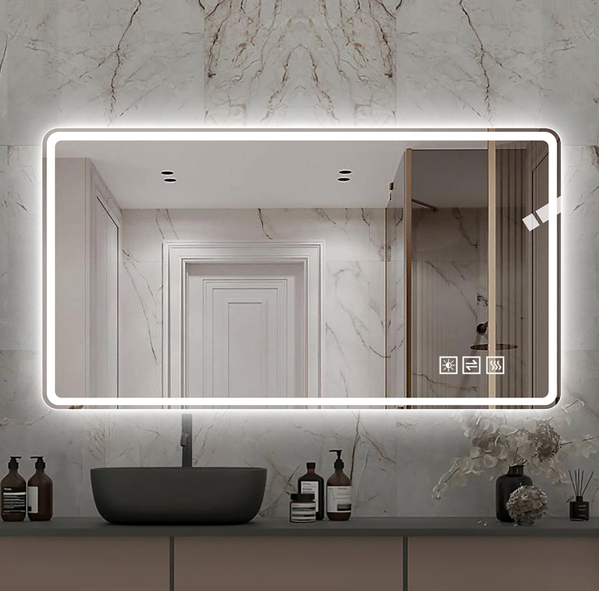 REDOM- LED badkamerspiegel - Zonder frame met matte lichtrand - Front- en achtergrondverlichting - Modern - Badkamer - Glas en metaal - Zilver - 60 x 100 cm