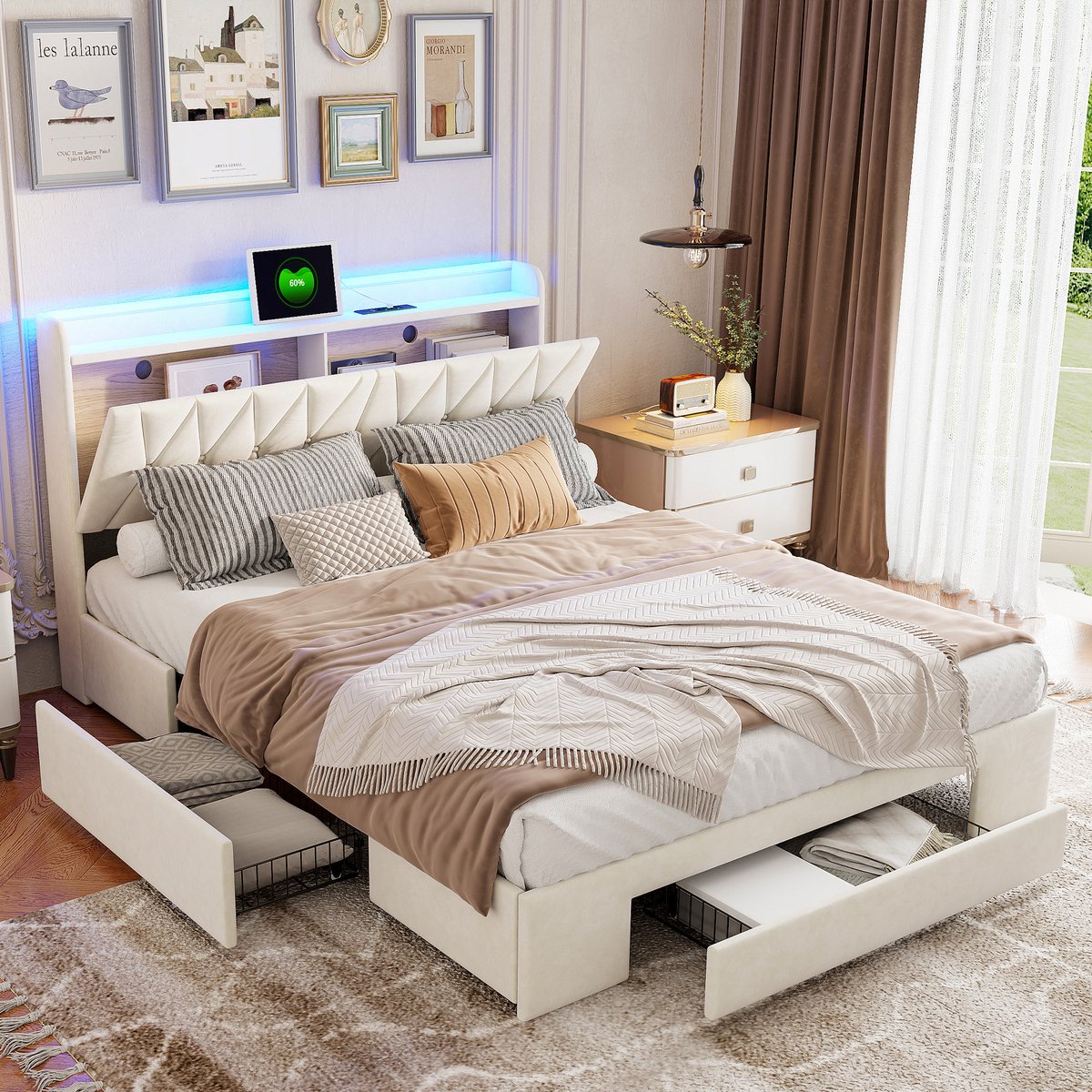 Tweepersoonsbed 140x200 cm, volwassen bed met led verlichting en opbergruimte, gestoffeerd opbergbed met 3 lades en opklapbaar hoofdbord, fluwelen bed beige, zonder matras