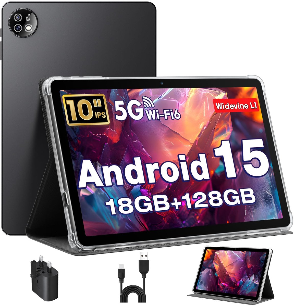 SnelShoppen - Tablet 10 Inch Android 15 met Hoes, Unisoc T30 Quad-Core, 18 GB RAM, 128 GB ROM, 1 TB TF, HD IPS-Scherm, 5MP + 8MP Camera, 6000 mAh, WiF