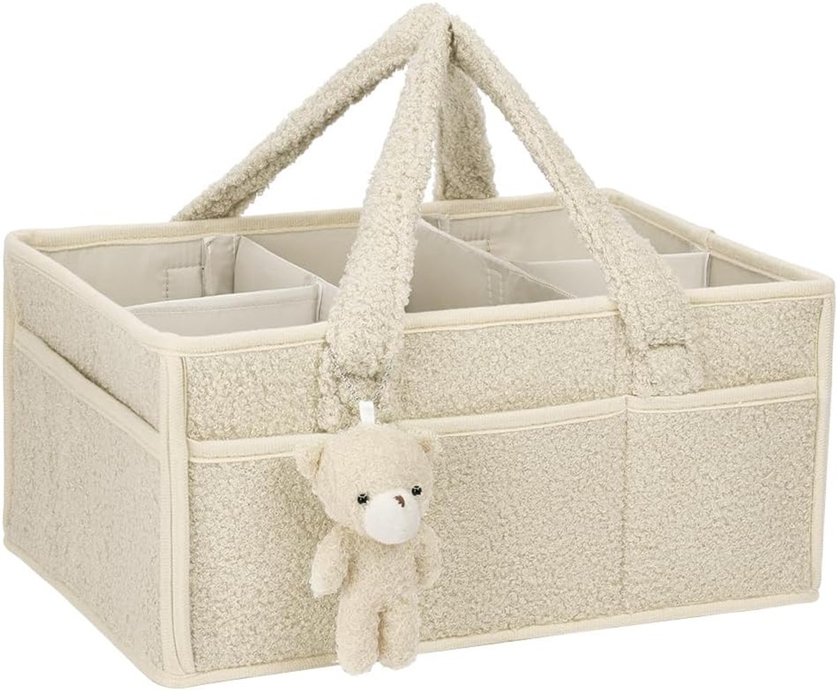 Crème Teddy Baby Luier Opbergmand | Verstelbare Vakken Luiertas met Beerhanger en Zachte Draaghengsels