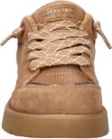 Vooraanzicht van bruine Skechers sneaker met suède, mesh, bontkraag en veters.