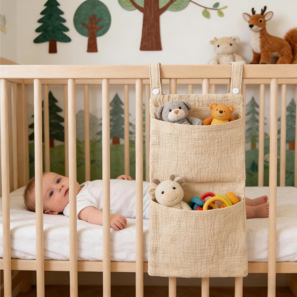 Dubbelvak muisdoek hangopbergtas voor babyledikant en commode met drukknopbevestiging, huidvriendelijke wandhangzak voor luiers, fopspenen en babyverzorgingsbenodigdheden