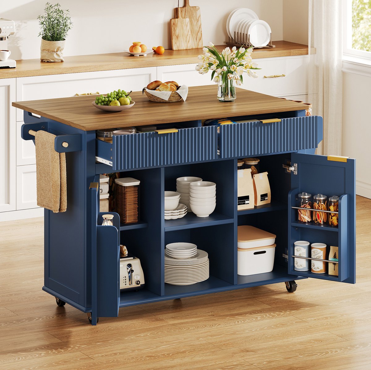 Keukenkast Op Wielen Met Opklapbaar Werkblad - 2 Laden, 2 Deuren, Kruidenrek En Handdoekhouder - MDF - Blauw Bruin - 143 X 45 X 89,5 Cm
