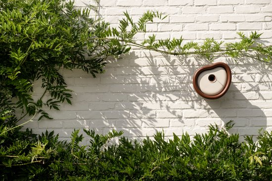 Bruin vogelhuisje met crèmekleurige voorkant en ronde ingang, bevestigd aan een witte bakstenen muur met begroeiing.