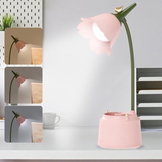 Roze LED Bureaulamp - Dimbaar - Met Gegroenteerd Pennenpot - 3 Verschillende Lichtkleuren - Touchsensor Bediening - Flexibele Buigbare Arm - Oogbezorgend - Voor Meisjes En Jongens — afbeelding 4