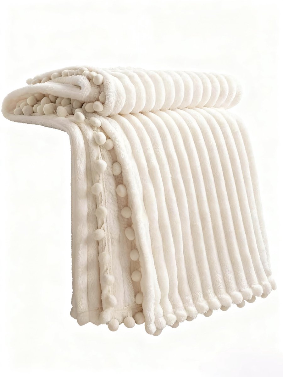 SnelShoppen - Fleece Deken Twin Size 51 x 63 cm Beige - Zacht, Pluche, Warm en Gezellig - Perfecte Plaid voor Bank, Bed en Camping met Pompom Design
