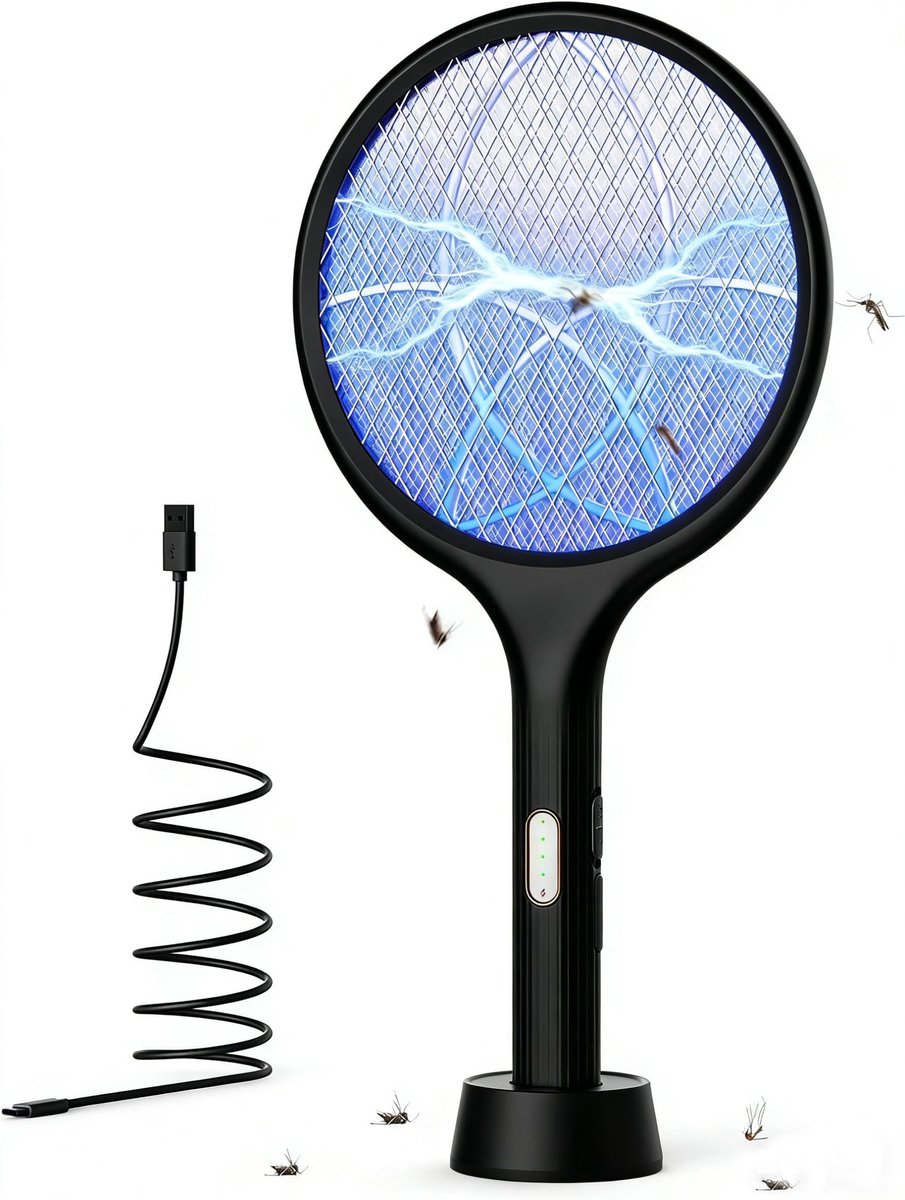 SnelShoppen - VIWAVE Elektrische Vliegenmepper 4000V, 2-in-1 Muggenmepper met UV-Licht en Standaard, Oplaadbare 1800 mAh Accu, USB-C, 3-laags Veilighe