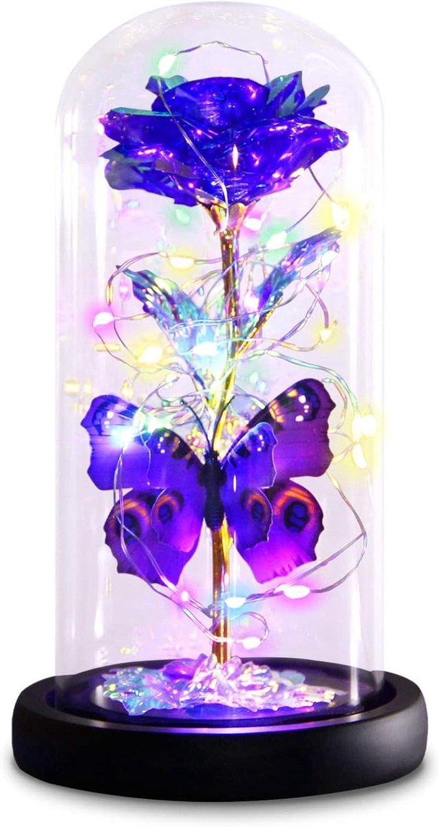 Glazen Roos met Licht - Eeuwige Roos Decoratieve Bloem - Romantische Decoratie - Paarse Vlinder - N.v.t. - Paars