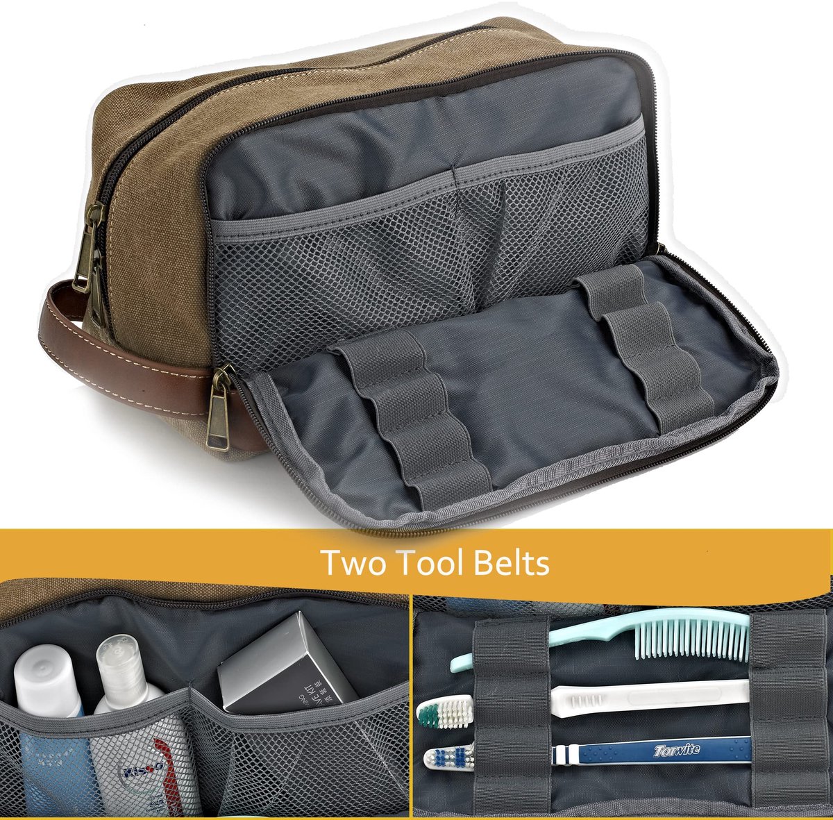 SnelShoppen - Grote Bruine Reistas voor Heren en Dames, Waterbestendige Canvas Toilettas, Ophangbare Dopp Kit Scheertas voor Toiletartikelen, Veganist