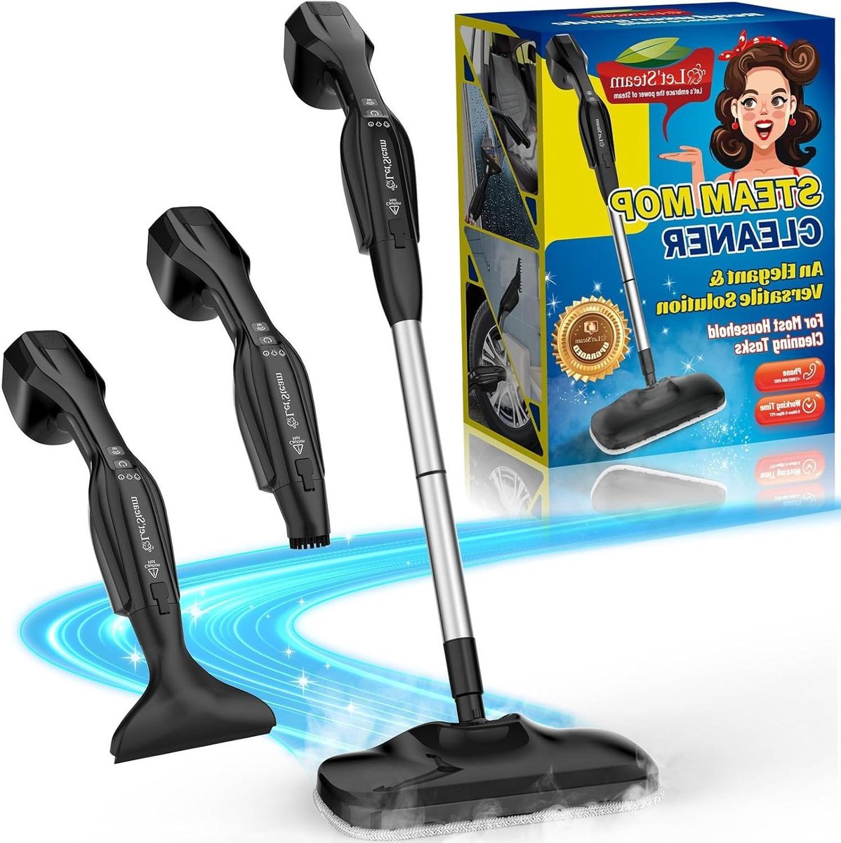 Stoomdweil met Handstoomreiniger - Vloerstomer Reiniger - Hygiënisch Huis Schoonmaken - Krachtige Hogetemperatuur Stoom - 250 ml - Zwart