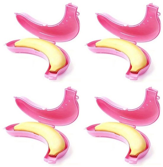 Quatre boîtes à bananes roses, chacune ouverte avec une banane jaune à l'intérieur.