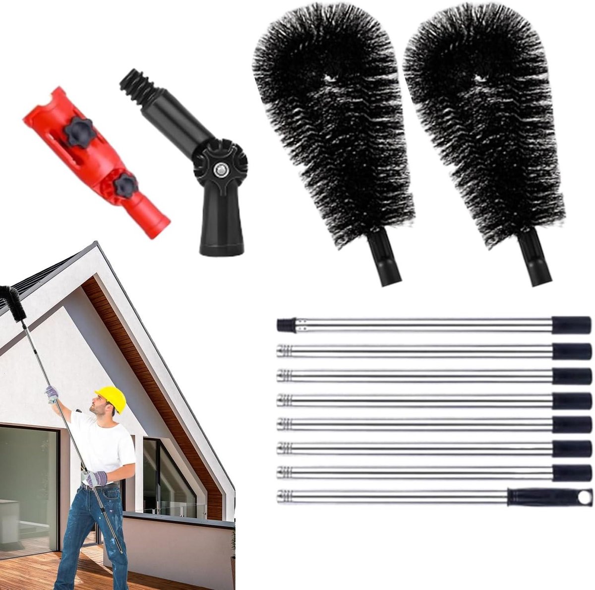 Regengoot Reiniger - Dakgootborstel Telescoopsteel - Dakgoot Onderhoud - Ladderloze Reiniging - 3.2 Meter Bereik - Zwart