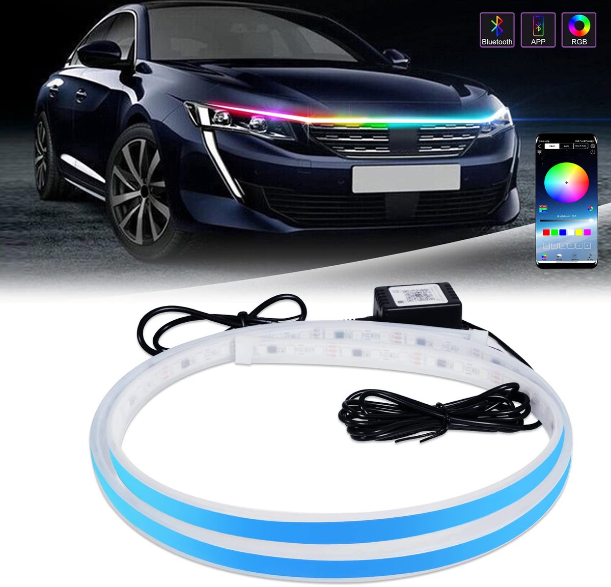 SnelShoppen - LED Strip Lichten voor Auto's - Multicolor Auto Motorkap Strip Licht 1,5M (60 Inch) met APP-besturing voor Dagrijlicht en Feestelijke Ge