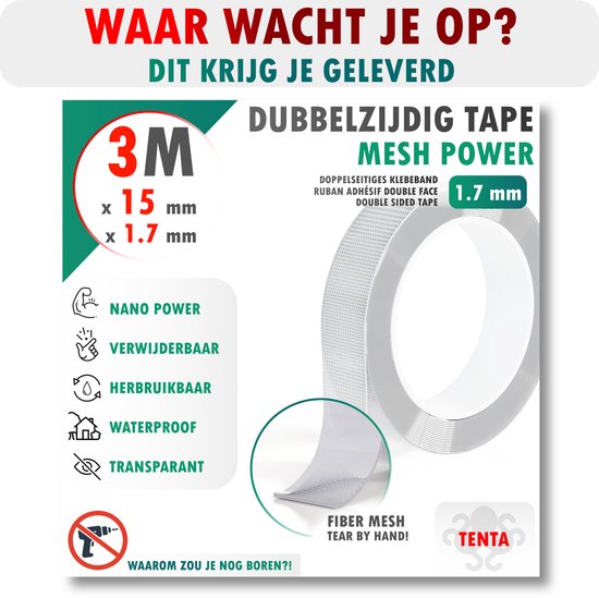 Ruw op "MESH POWER 1.7MM" met "TENTA" logo. Tekst "WAAROM ZOU JE NOG BOREN?!".