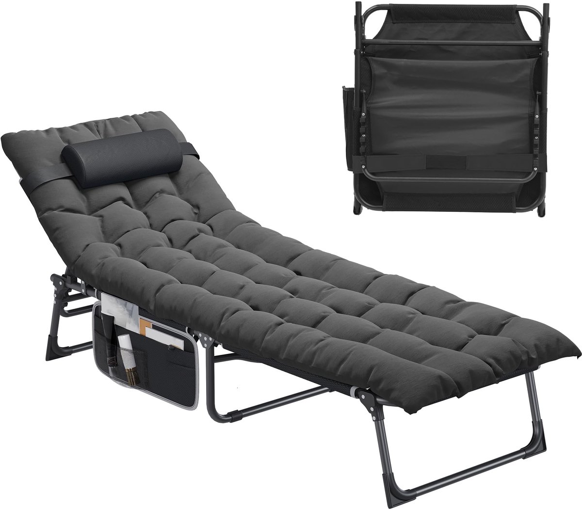 SnelShoppen - Inklapbare Ligstoel met Kussen 190x68x31 cm - Verstelbaar Zonnebed met 5 Standen - Afneembare Hoofsteun - Zijvak - Draagvermogen 136 kg