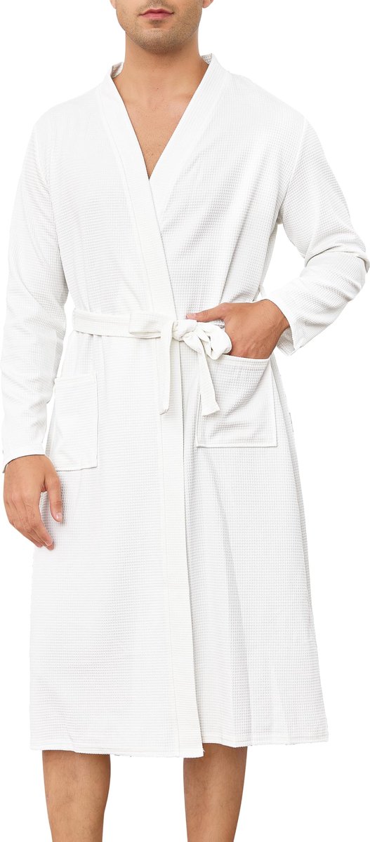 SnelShoppen - Luxe Heren Ochtendjassen Wafelgewaden Katoen Zacht Lichtgewicht Badjas Loungewear Nachtkleding Spa Hotel S-3XL Wit 3XL