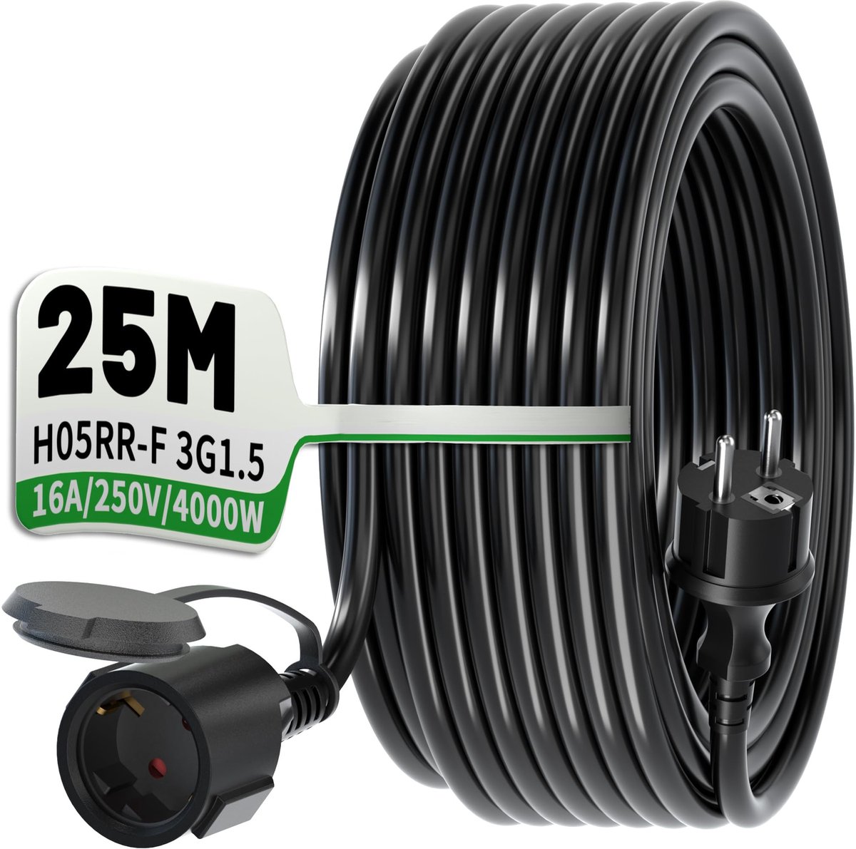 SnelShoppen - Verlengkabel voor Buiten 25m - Zwarte H05RR-F 3G1,5 Rubber Kabel - Flexibele Stroomkabel 16A/250V met Opbergband - Ideaal voor Tuin, Cam