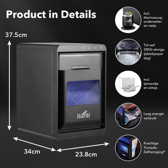 Bardi 1,8L Deluxe IJsblokjesmachine - Crushed ICE machine - Nugget IJsblokjesmachine - LED Verlichting - 20Kg/24 uur. inclusief Thermosbeker - ZWART met citruspers RVS van Bardi — afbeelding 5