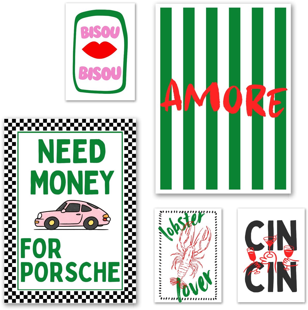 SnelShoppen - Set van 5 Vintage Pop Art Posters - Wanddecoratie voor Woonkamer, Slaapkamer en Kantoor - 2x A3 en 3x A4 - Groen, Zonder Lijst, Creatiev